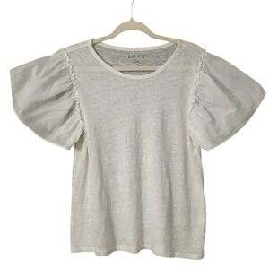 Loft Women's White Linen Blend Puff Ruffle Sleeve Tee, Medium